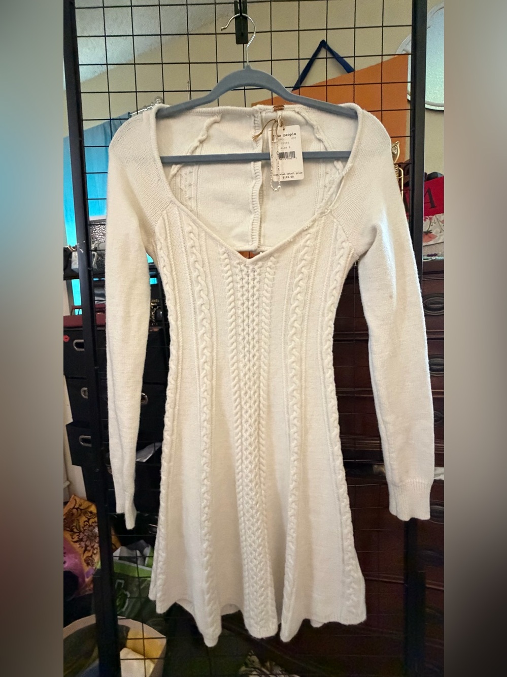 Free People Cream Cable Knit Long Sleeve Sweater Dress